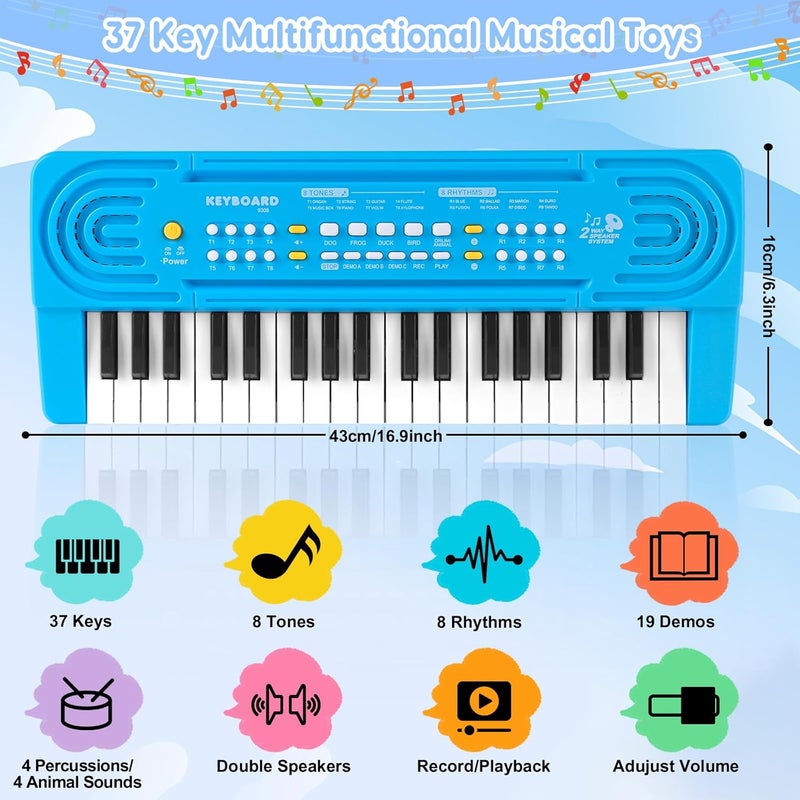 TWFRIC Kids Toddler Toy Piano Keyboard, 37 Key Pianos for Kid Music Toys Instruments with Microphone Dual Speaker Ideal for 3 4 5 6 7 8 Year Old Girl Boy Birthday/Christmas Day Gift (Blue) - Image 2